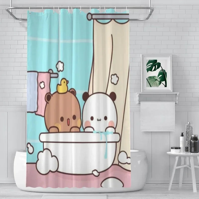 rideau douche kawaii ours panda enfantin bleu clair motifs animaux tropical moderne polyester