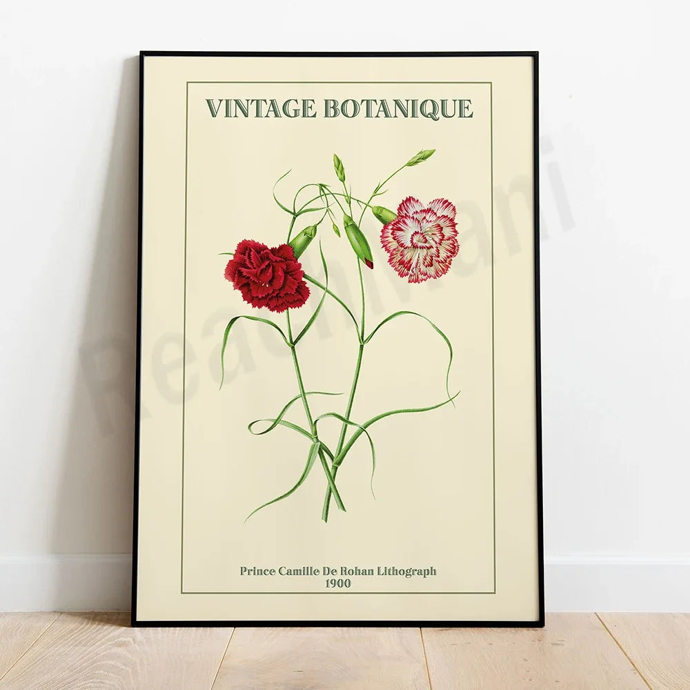 Affiche vintage botanique avec deux belles fleurs rouges et le texte "Vintage Botanique" sur un fond crème.
