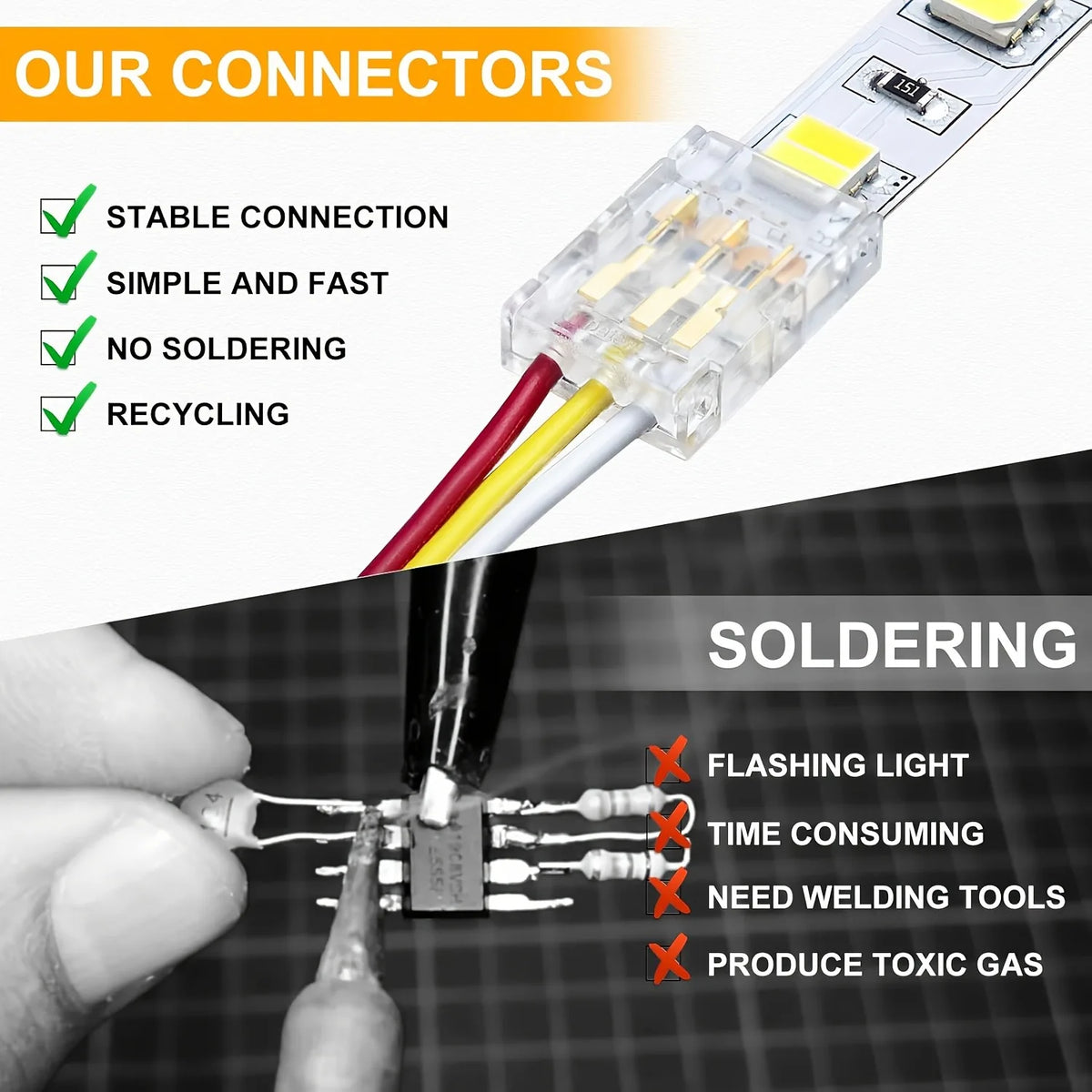 connecteur led transparent rouge jaune noir broches dorées moderne pratique clips câbles(rgb cct)