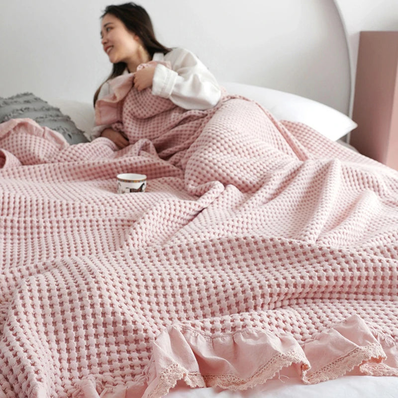plaid coton doux solide rose clair tissage points moderne portable anti boulochage pique nique