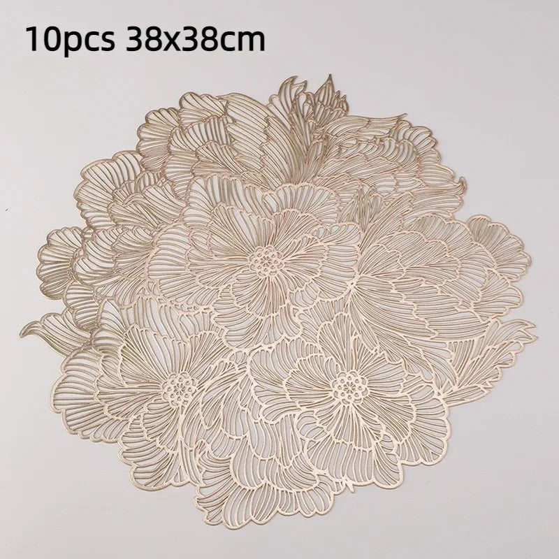 serviettes table rondes pvc fleurées classiques 38cm beige gris clair doré élégantes 10 pièces