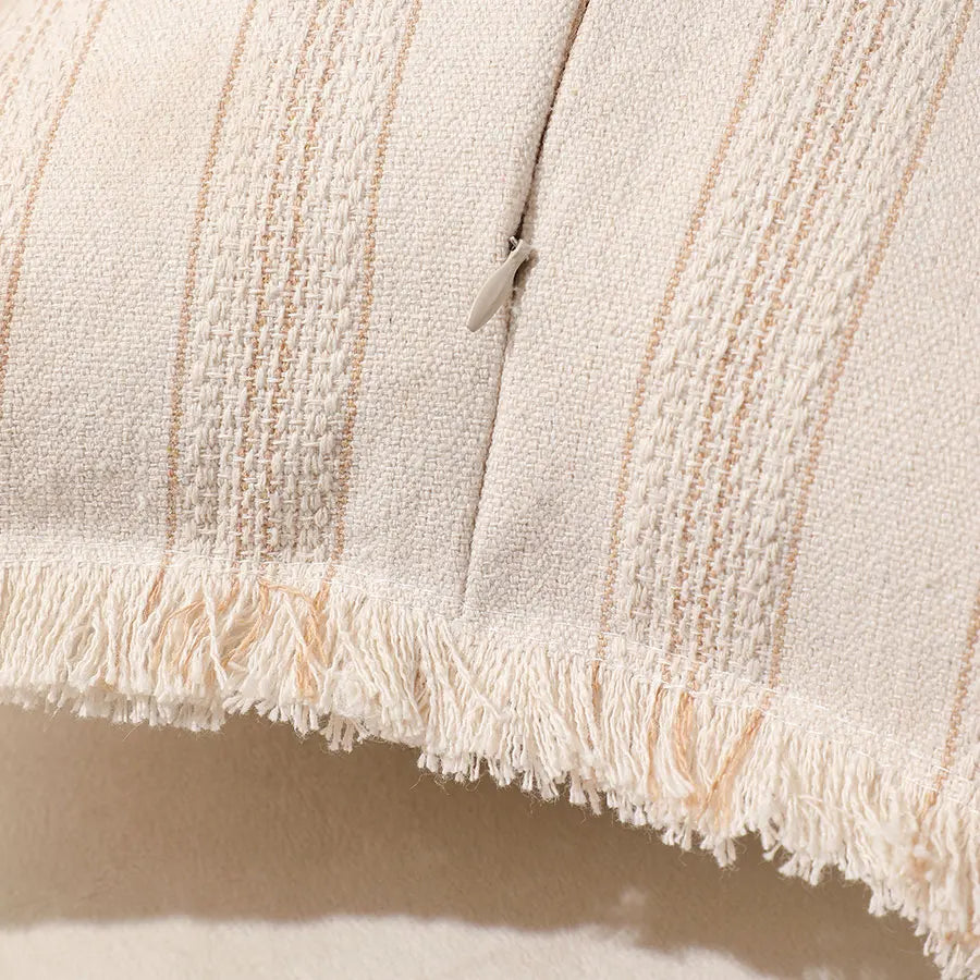 housse coussin boho chic rayé beige blanc rustique zipper 30x50cm