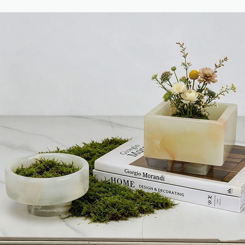 vase moderne cache plantes marbré vert clair plante artificielle table décoration