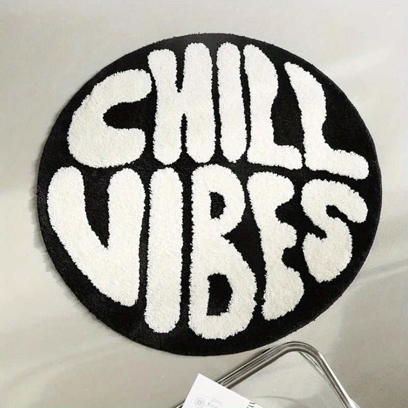 tapis rond moelleux lettres CHILL VIBES noir blanc moderne graphique 80x80cm 120x120cm