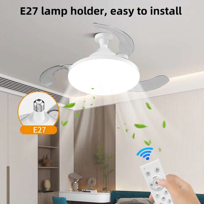 ventilateur lampe led e27 moderne blanc silencieux télécommande rétractable pales invisibles variateur intensité
