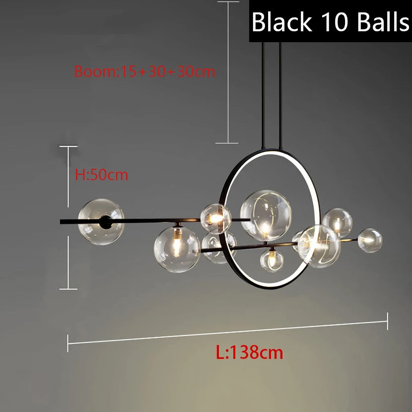 suspension lumineuse moderne boules transparentes cercle métallique noir doré led 110v 240v fixations câbles