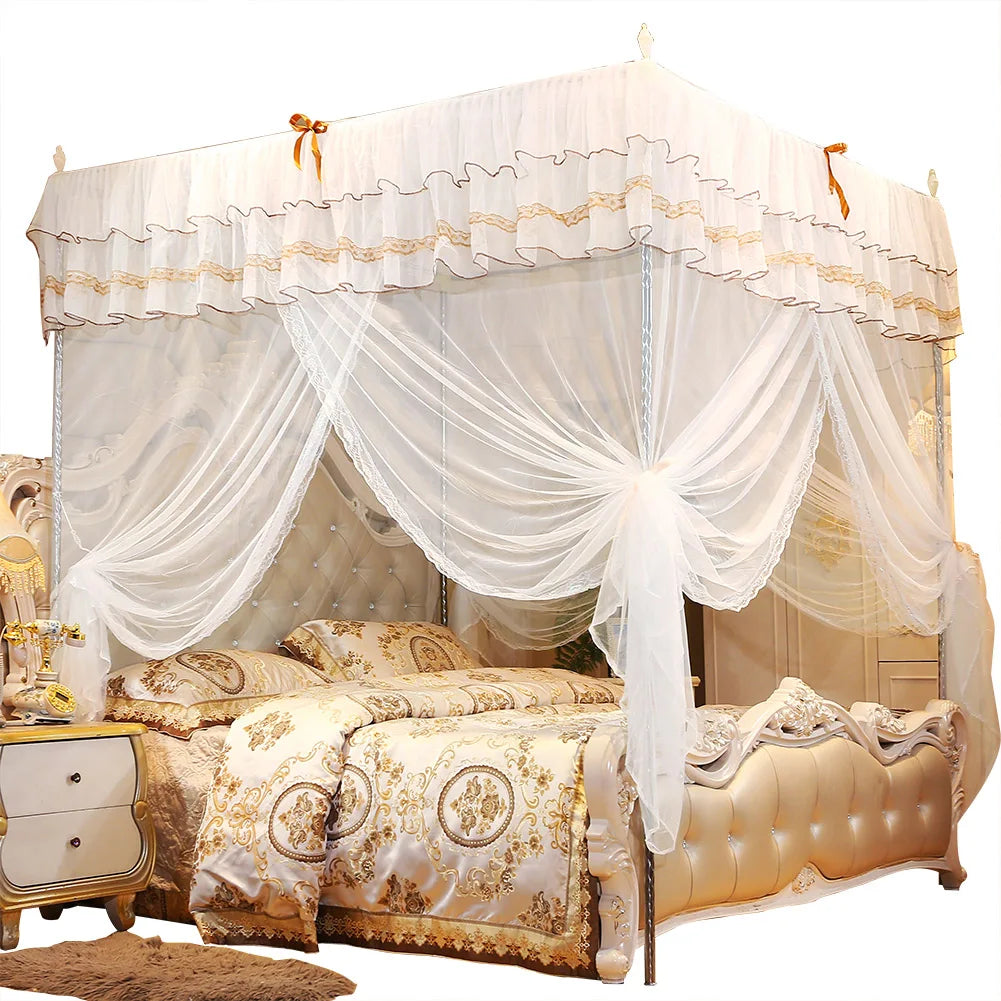 rideau lit blanc dentelle broderie dorée classique romantique transparent facile installer lavable machine