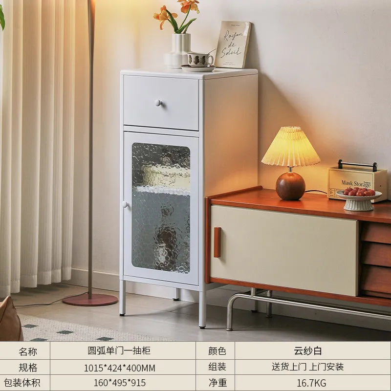 armoire tiroirs blanc moderne verre translucide poignées blanches pieds noirs