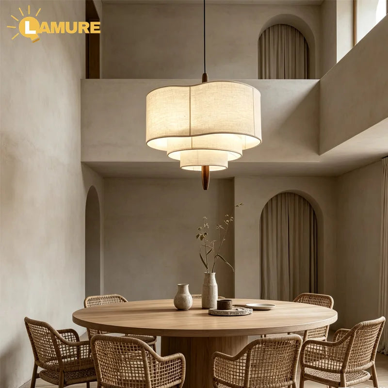 lampe suspendue tissu main beige moderne wabi sabi chaîne noire salon chambre