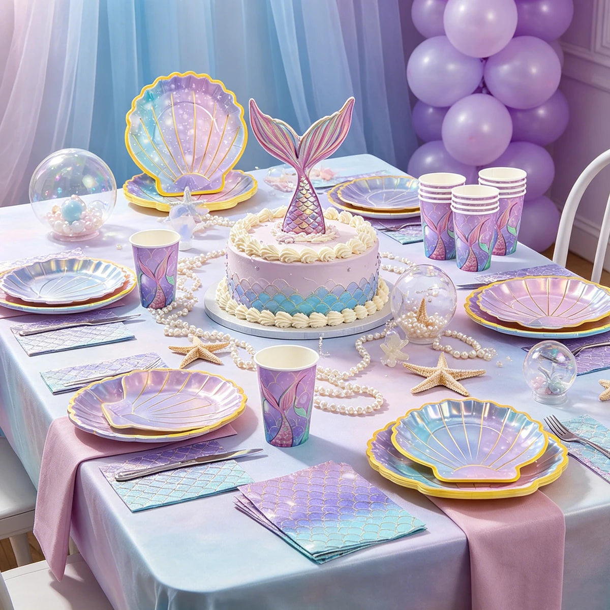 vaisselle jetable sirène violet bleu paillettes assiettes gobelets serviettes mariage anniversaire festives