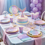 vaisselle jetable sirène violet bleu paillettes assiettes gobelets serviettes mariage anniversaire festives