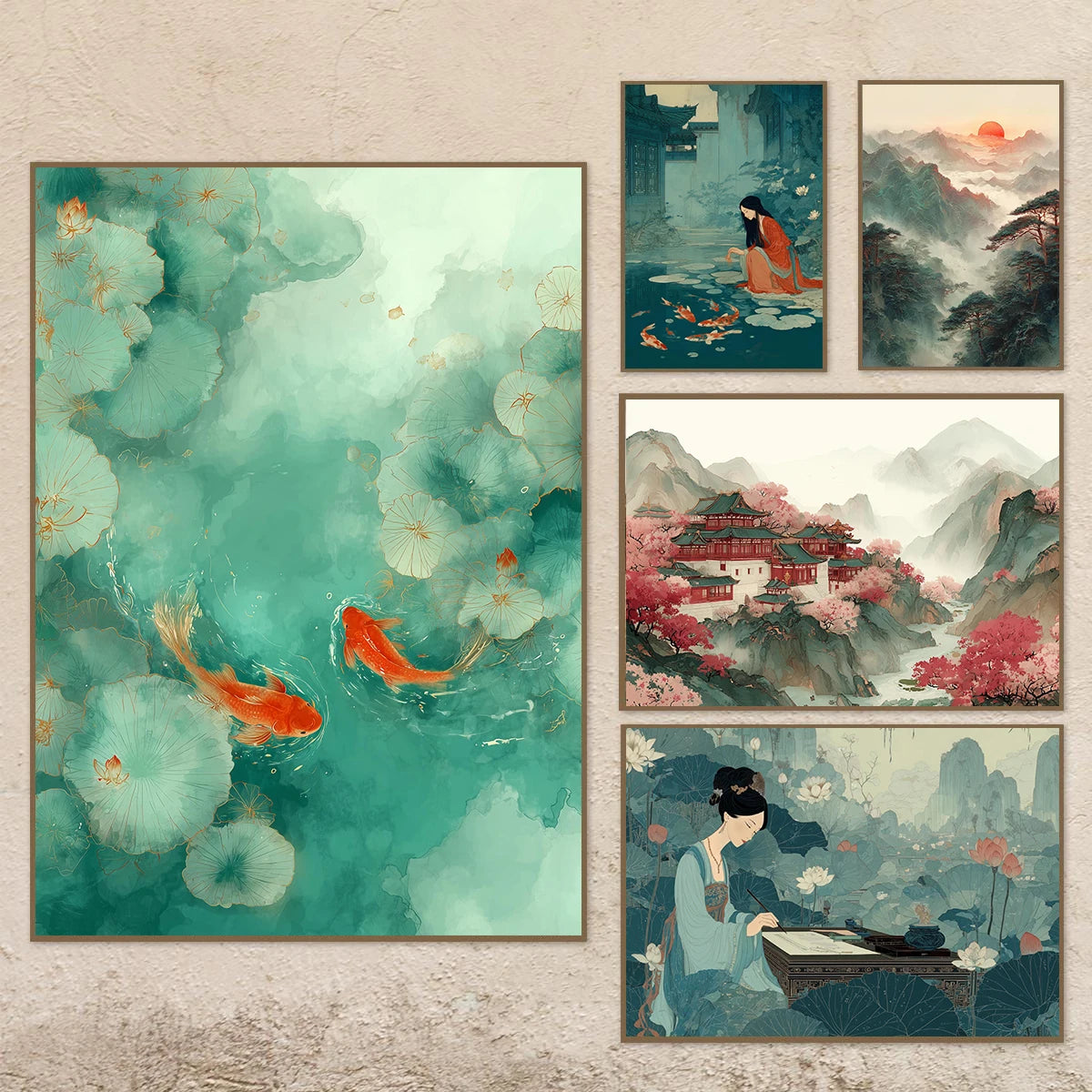 toile art paysage traditionnel poisson koi fleur cerisier temple lotus décoration intérieure murale cadre