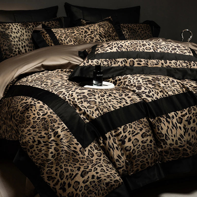 ensemble literie coton egyptien imprimé léopard marron noir ultra doux king queen