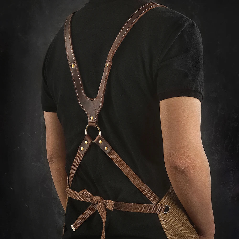 tablier cuisine cuir toile marron clair poche cuir boucle métal écrous métal durable classique