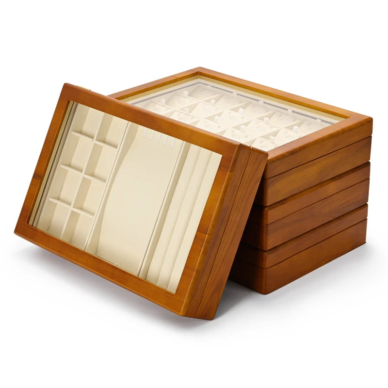 boîte bijoux bois marron clair intérieur beige simili cuir rangement display stackable organizer anneaux
