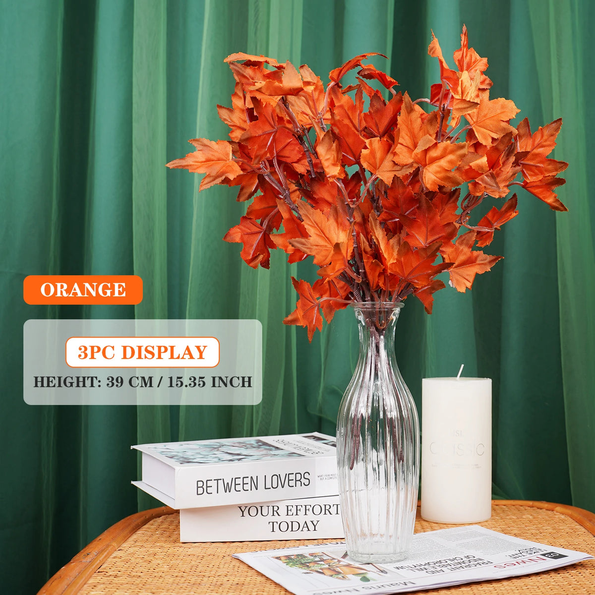 bouquet artificiel feuilles automne vase verre orange vert décoration naturelle intérieur extérieur