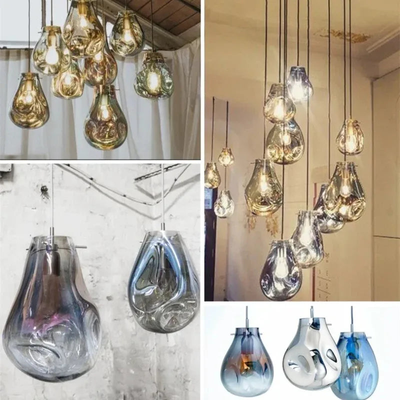 Suspension lumineuse moderne verre transparent doré bleu ampoules filament minimaliste