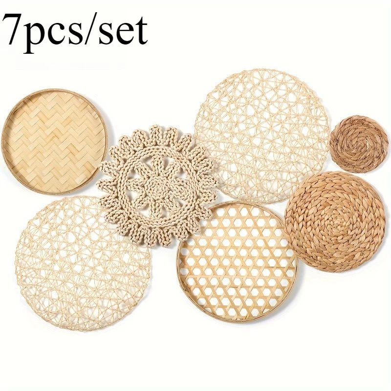 assiettes rotin boho chic naturel assiettes tissées géométriques anneaux intégrés décoration murale rustique
