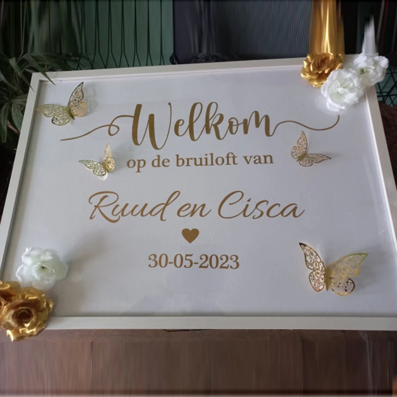 panneau decoratif mariage lettrage doré decoration florale classique blanc doré