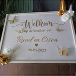 panneau decoratif mariage lettrage doré decoration florale classique blanc doré