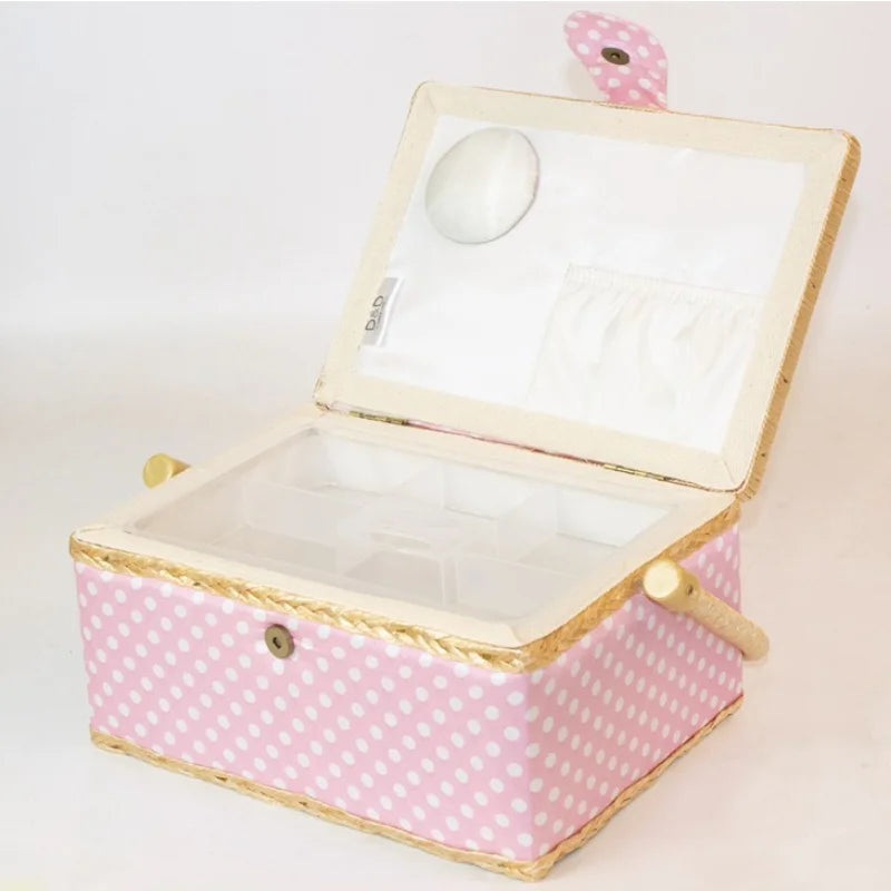boîte couture rose clair rangement couture tissu imprimé poignée bois sac aiguilles européen doré