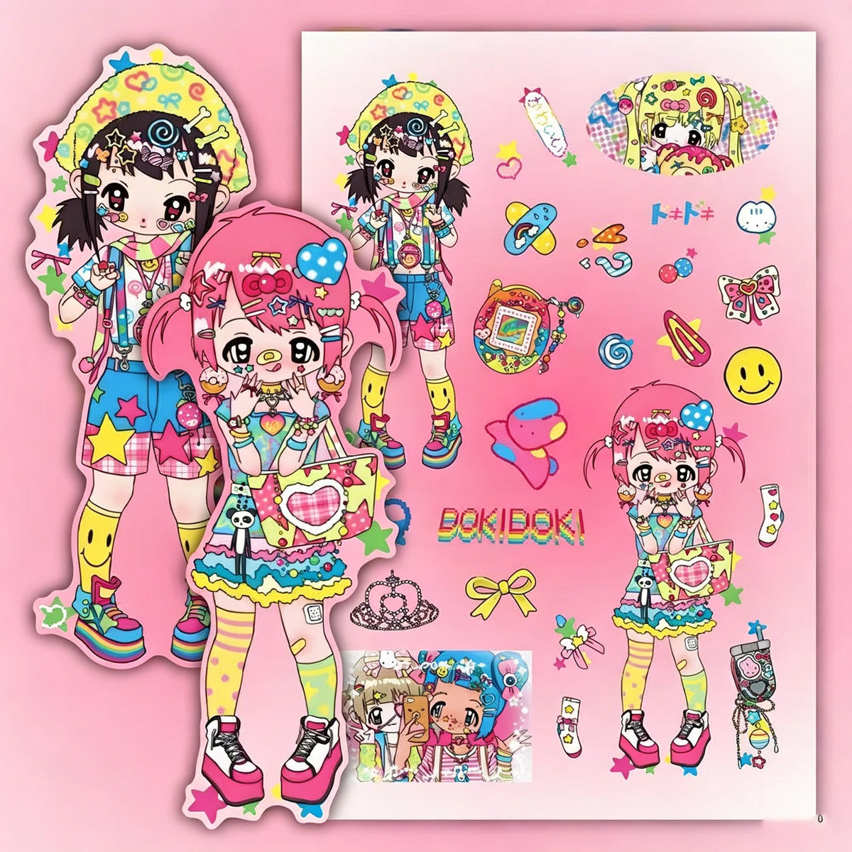 stickers autocollants pop art dessins animés personnages objets motifs imprimés rose beige blanc