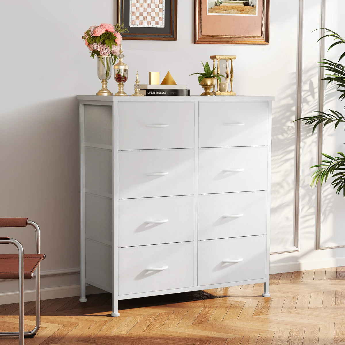 armoire moderne commode blanc tiroirs métal texture bois rangement chambre coucher