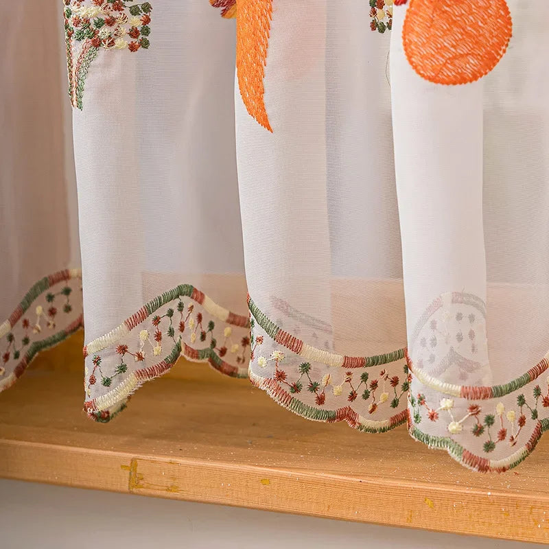 rideau floral transparent polyester motifs géométriques blanc orange vert rouge