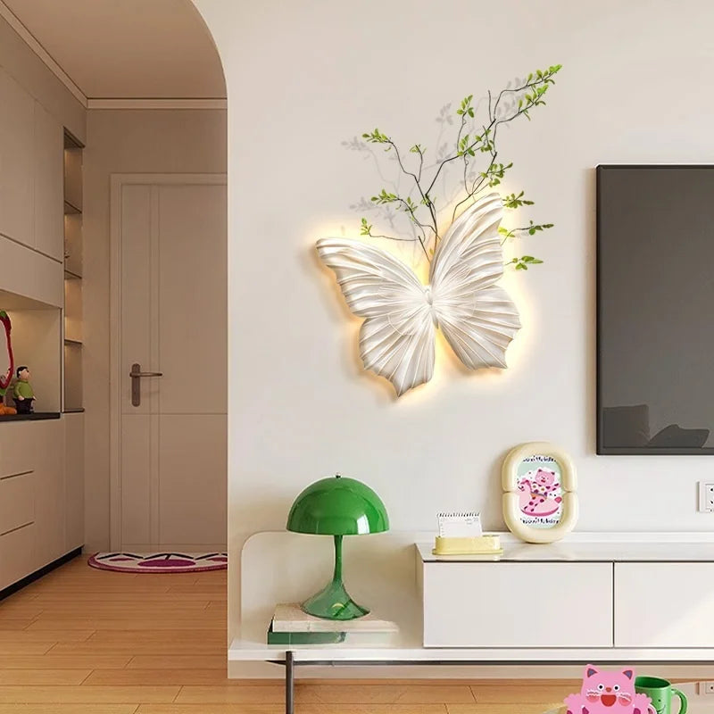 applique murale moderne papillon blanc feuilles vertes éclairage led chambre salon déco nordique