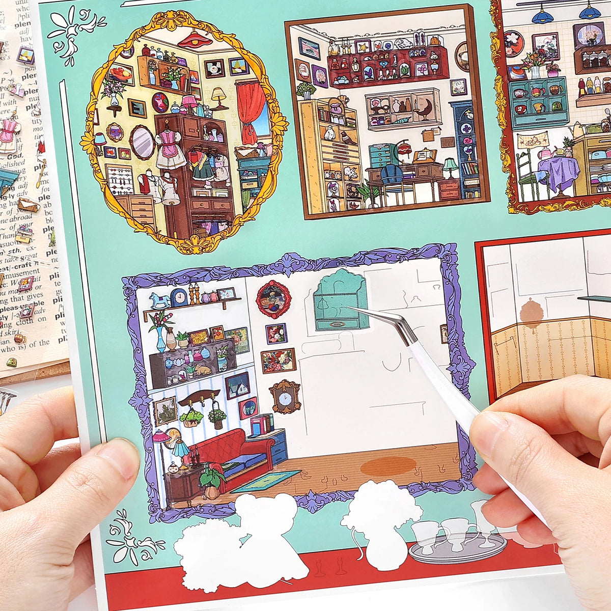 sticker maison repositionnable feuilles stickers illustrations détaillées miniature ambiance chaleureuse animaux meubles plantes objets