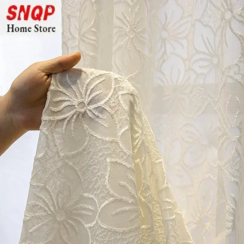 rideau blanc fleurs transparent classique fenêtre française polyester brodé
