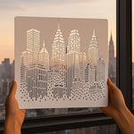 Stencil mural moderne gratte ciel stylisé noir blanc adhésif 30cm bleu geometrique