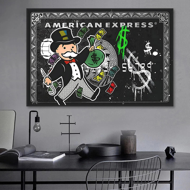toile d'art impression graffiti pop argent rouge dollars monopoly sans cadre decoration mur chambre