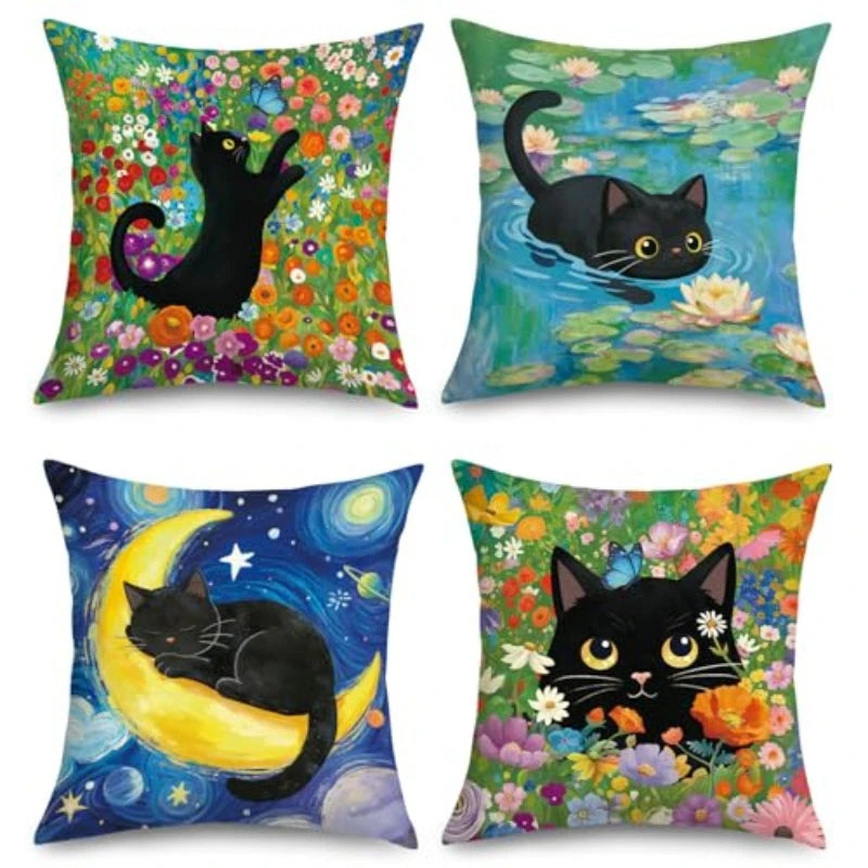 coussins décoratifs chats noirs jardin lune modernes polyester peachskin 45x45cm deux motifs différents