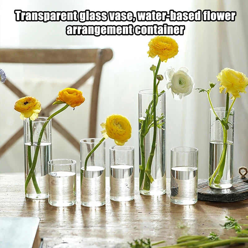 vase verre transparent moderne base bois fleurs artificielles inclusion chambre