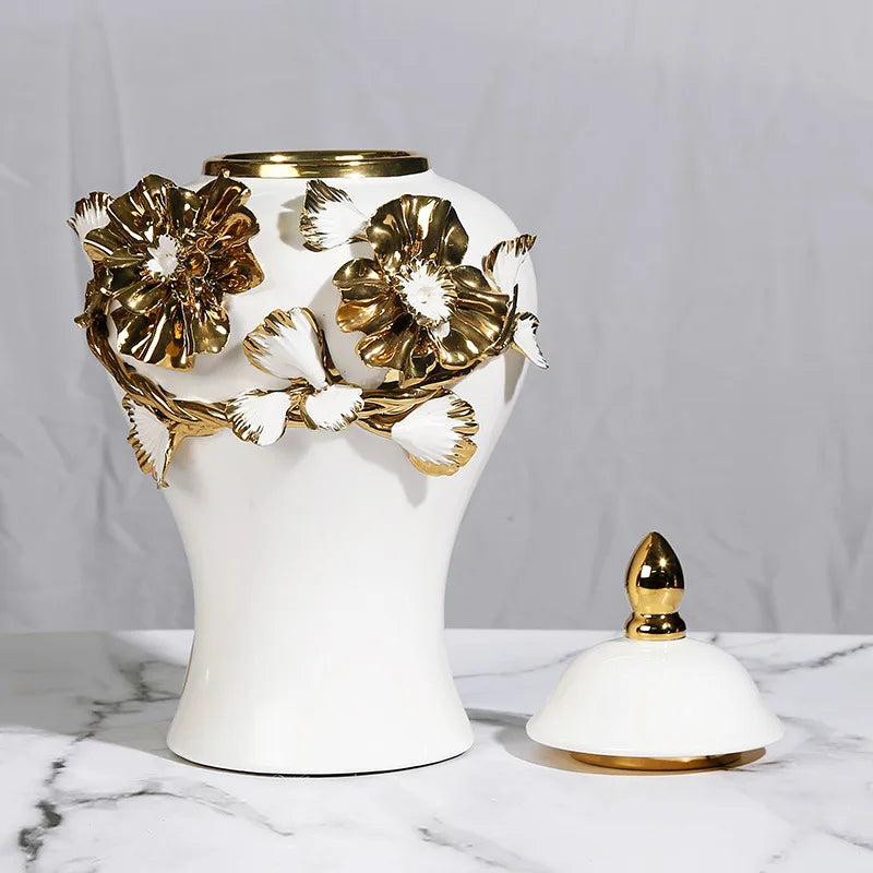 vase decoratif fleurs relief hermetique couvercle blanc or table maison