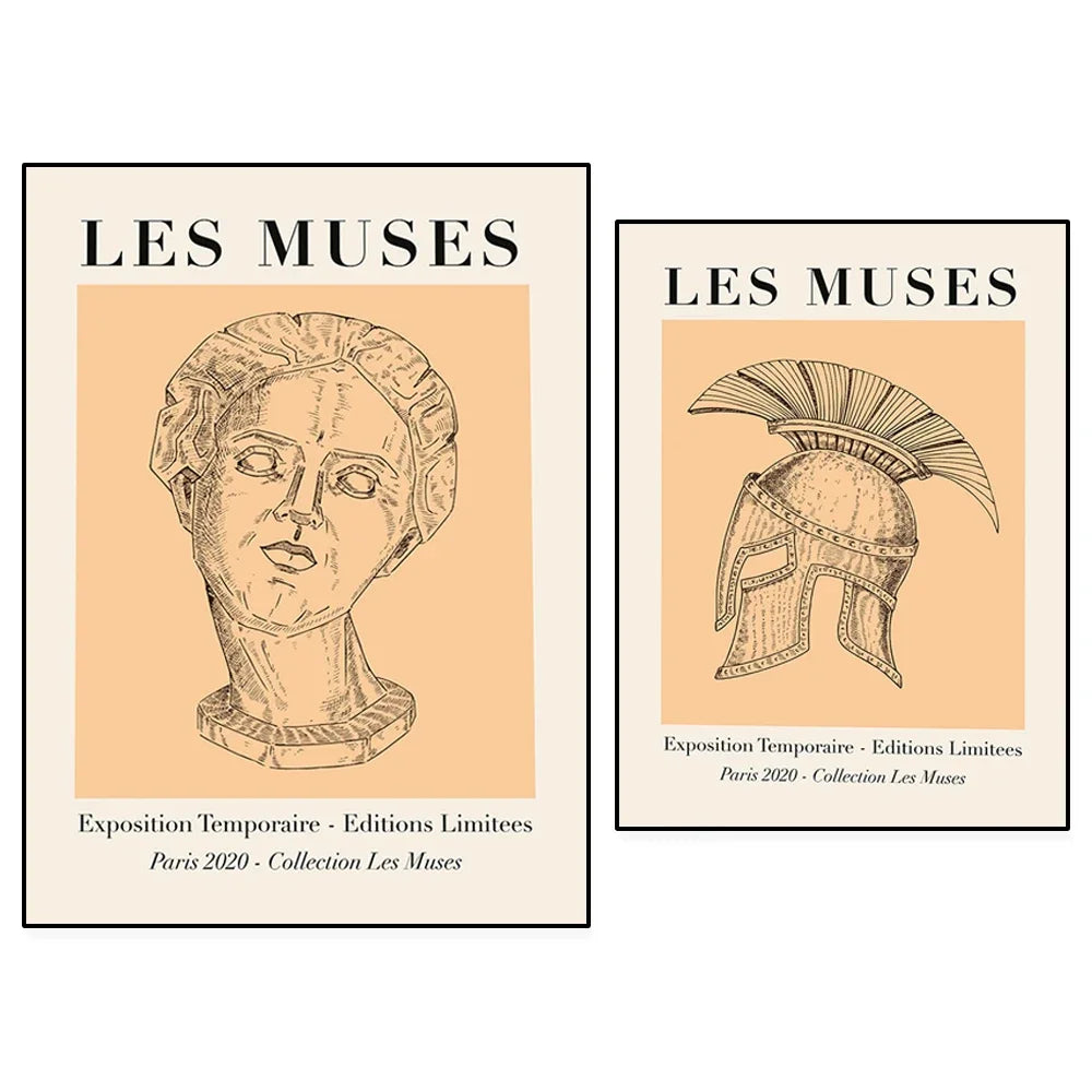 L'image présente deux illustrations de la Collection Les Muses, une exposition temporaire limitée organisée à Paris en 2020. Les illustrations montrent une tête sculptée et un casque antique.