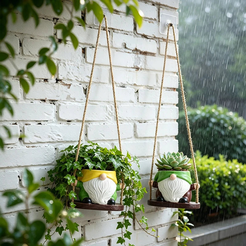 pots fleurs suspendus gnomes résine décorative plantes succulentes vert jaune fantaisiste mur balcon patio