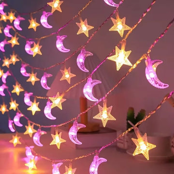 guirlande lumineuse lunes étoiles violet doré décoration chambre salon fêtes vacances 3v batterie led