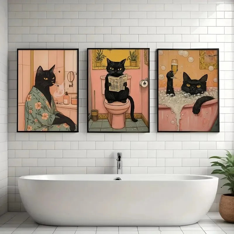 affiche toile chat noir rose décoration murale salon salle bain moderne illustration artistique