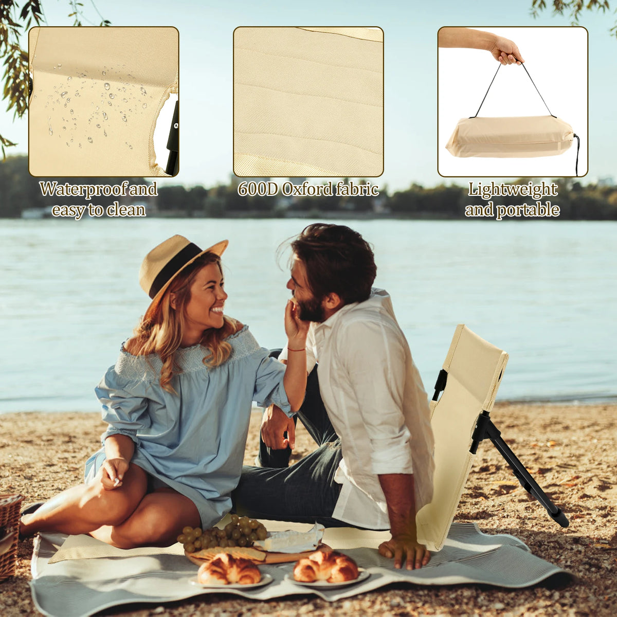 chaise longue pliable moderne portable beige clips sac transport camping plage barbecue randoextérieur