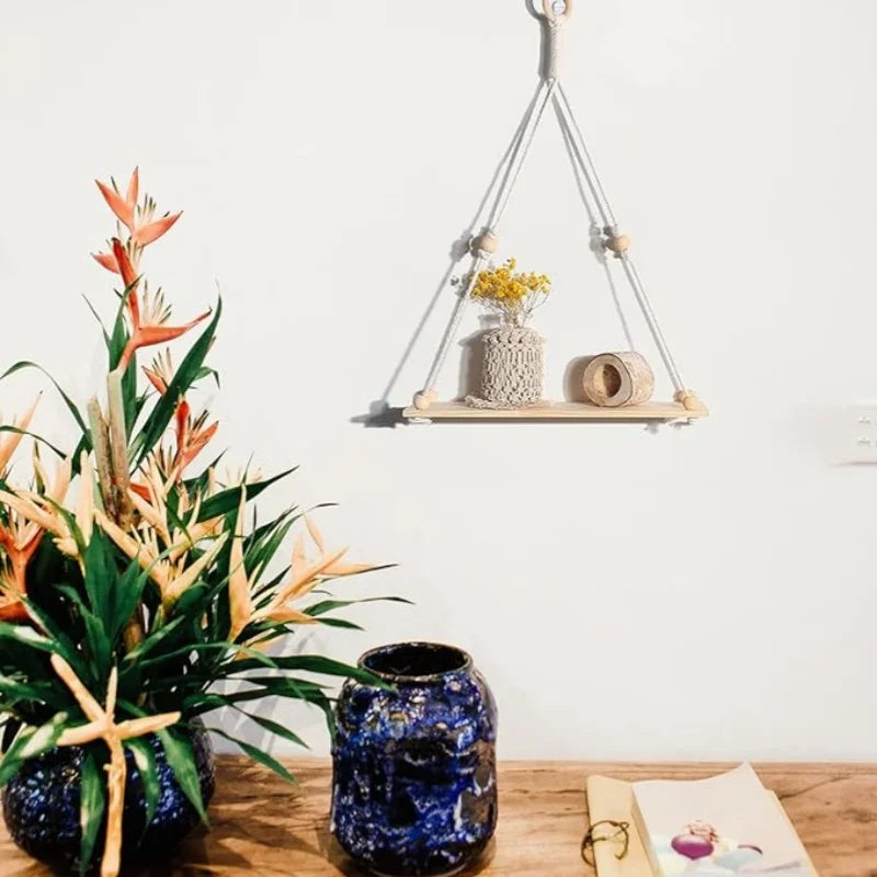 étagère suspendue macramé bois boho décor chambre salon nursery plantes anneaux métal