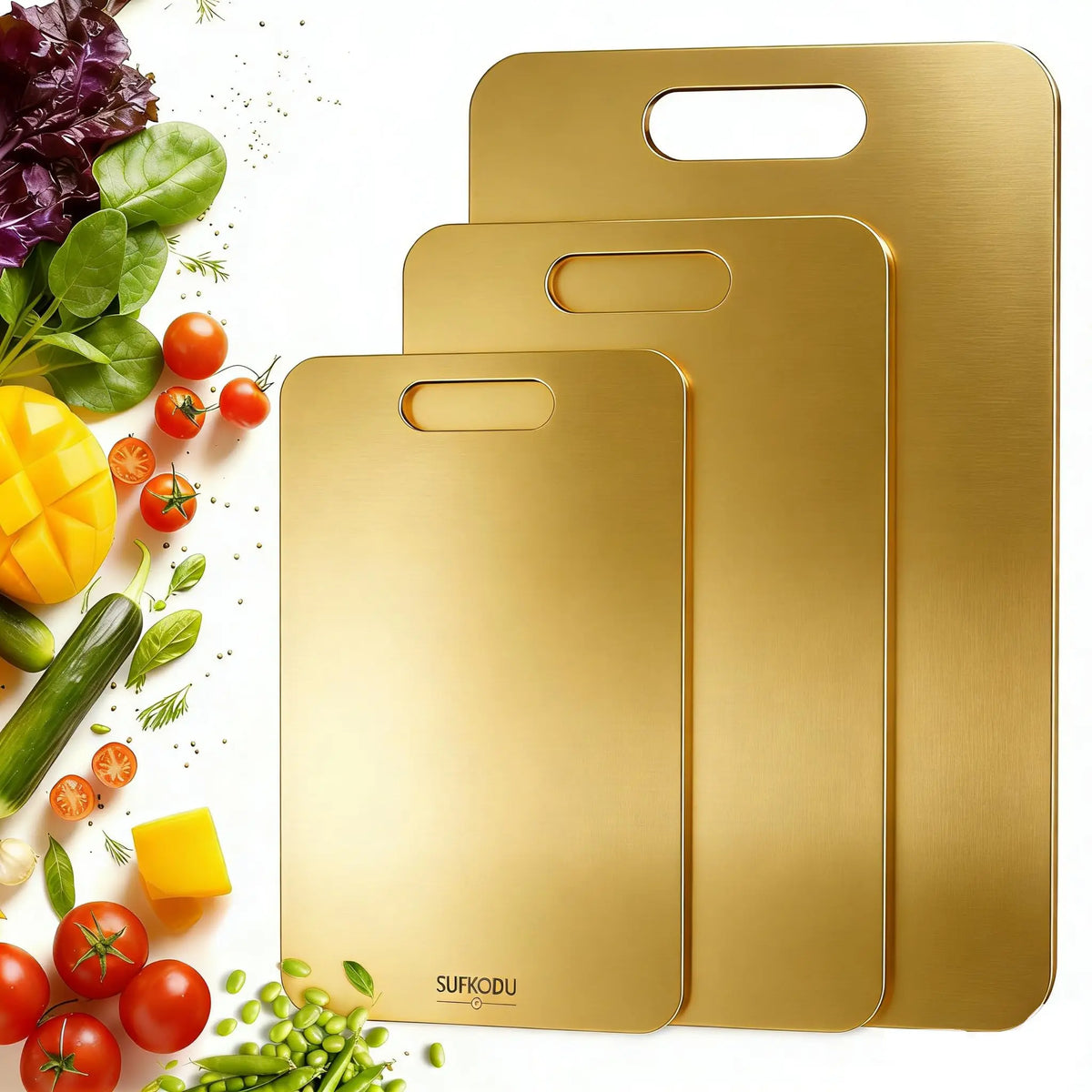 planches découper acier inoxydable doré antiadhésive double face moderne poignées intégrées respectueux environnement légumes