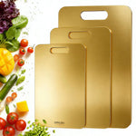 planches découper acier inoxydable doré antiadhésive double face moderne poignées intégrées respectueux environnement légumes