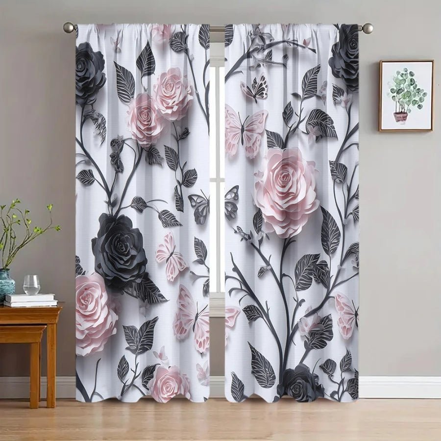 rideau moderne fleuri blanc rose noir floral 100 polyester dimension variable