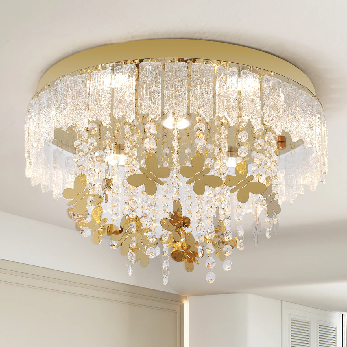 lustre moderne doré cristal papillons transparent led salon chambre éclairage contemporain facile