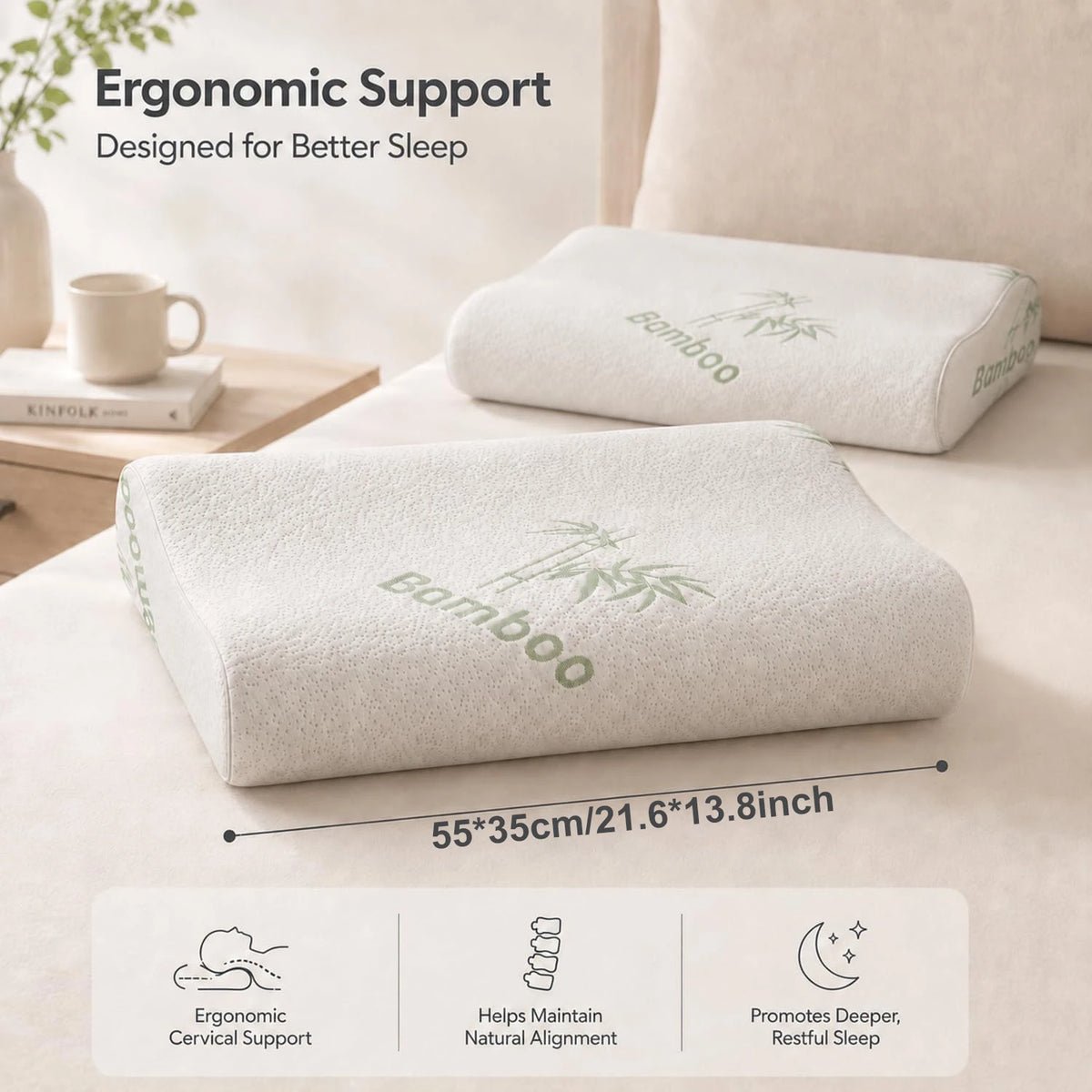 coussin mémoire forme fibre bambou imprimé blanc ergonomique zip taie amovible support cou lit