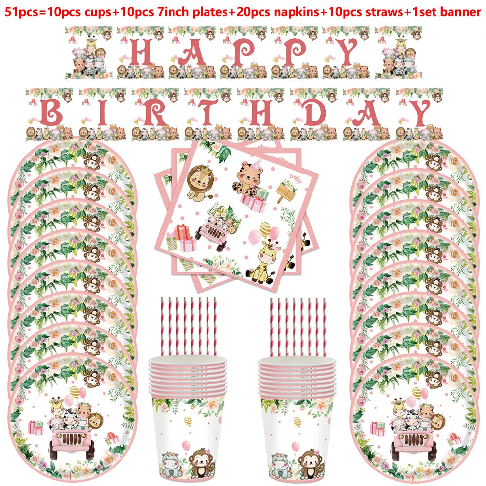 décoration anniversaire thème jungle animaux rose serviettes papier assiettes guirlande happy birthday nappe aquarelle