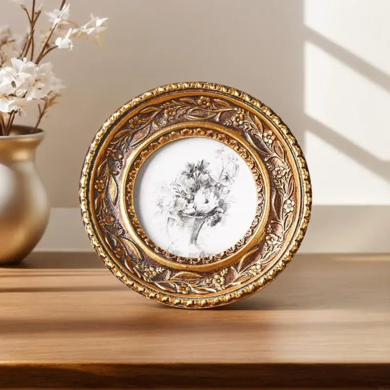 Cadre photo ovale relief floral or marron bleu foncé classique inclusion photo fleurs vase