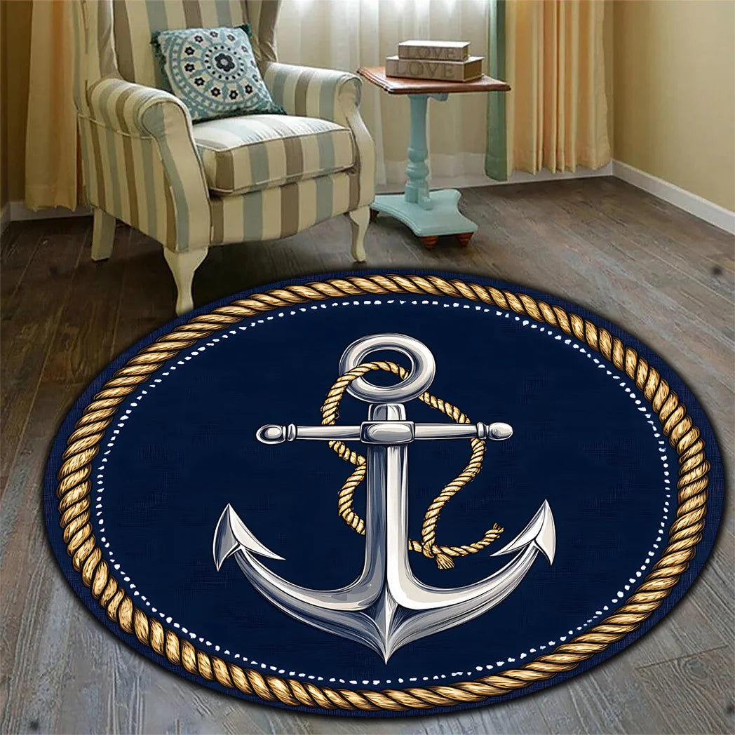 tapis rond ancre marine corde bleu doré moderne salon chambre extérieur decoration